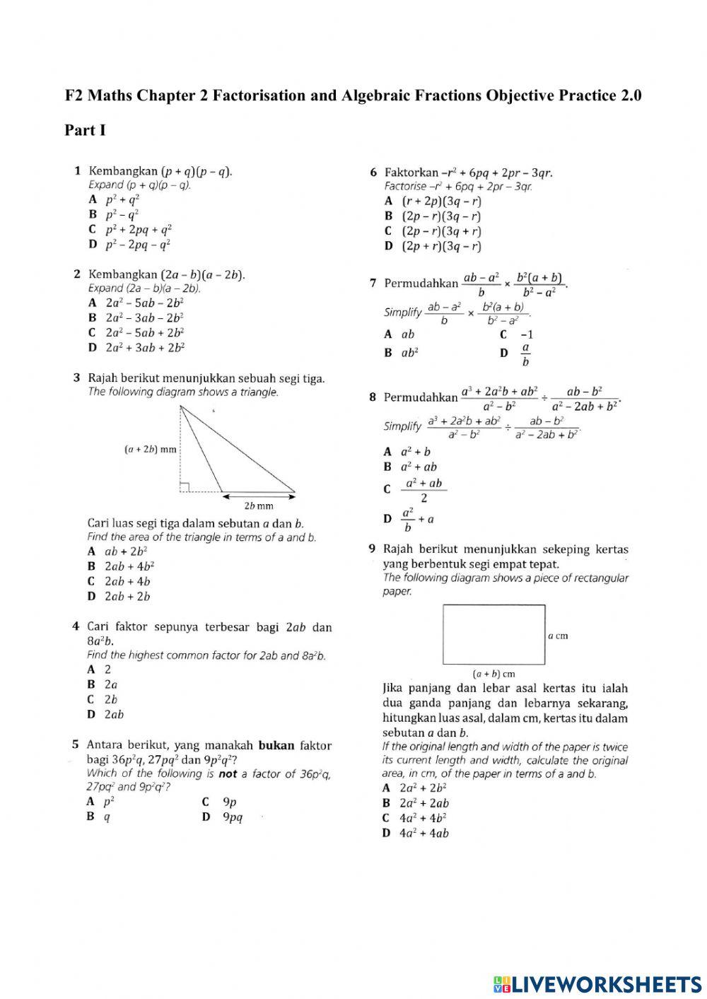 F2 Maths Chapter 2 Factorisation and Algebraic Fractions