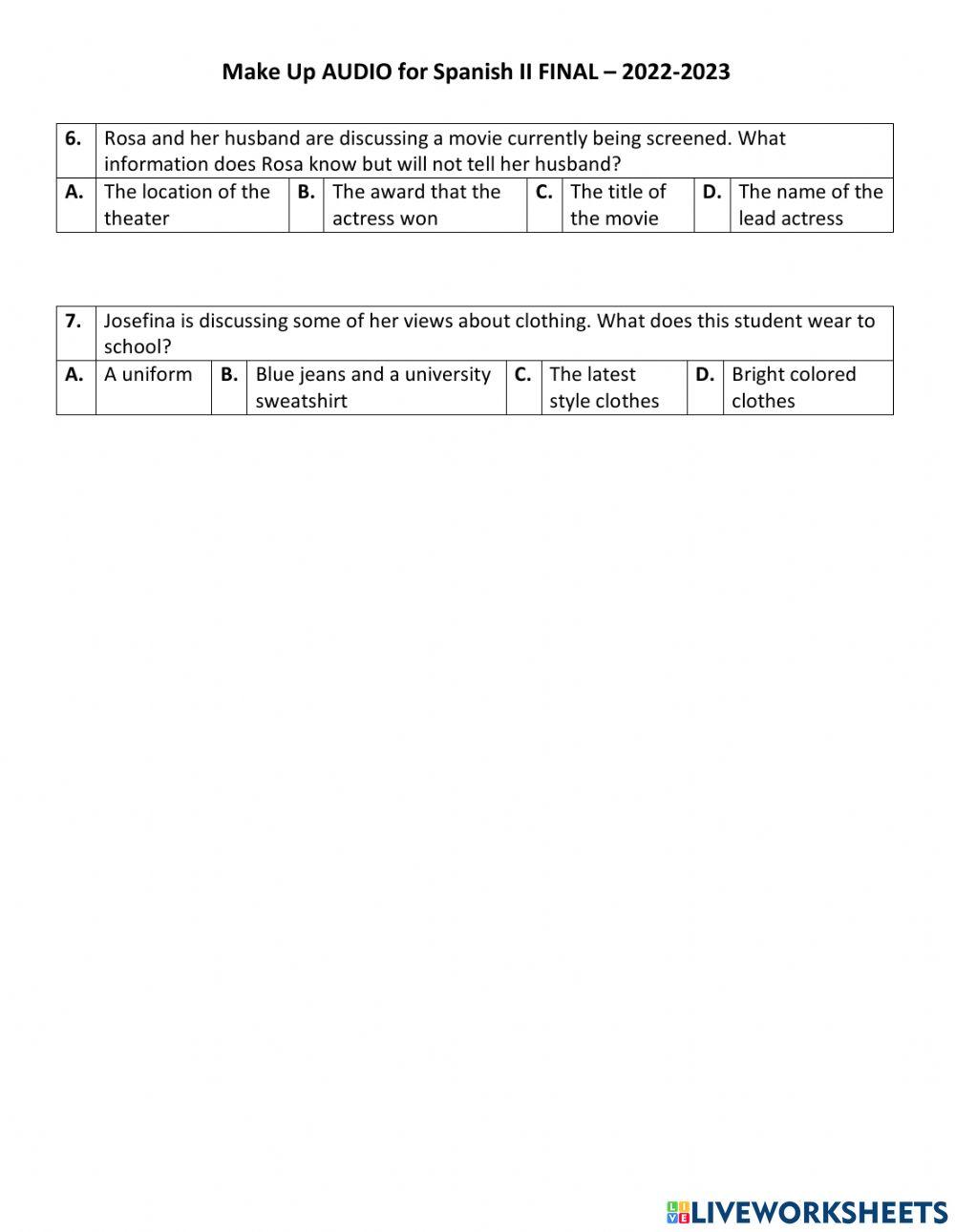 Make up - Spanish II - Final - AUDIO - 2022-2023