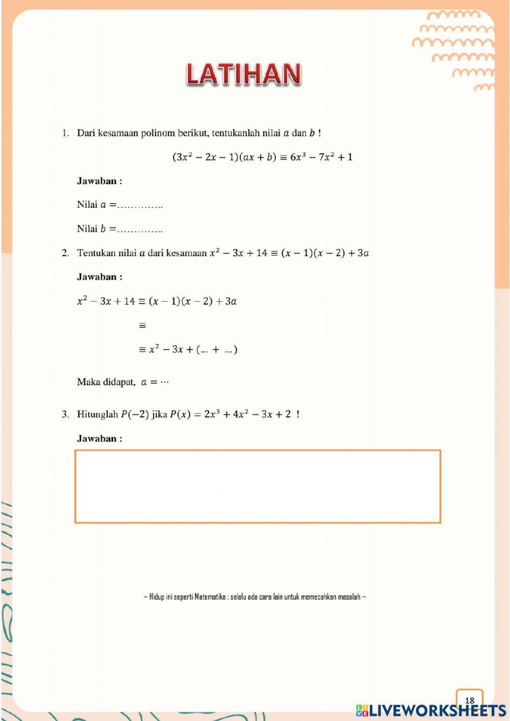 E-lkpd 4 : kesamaan polinomial dan nilai suatu polinomial