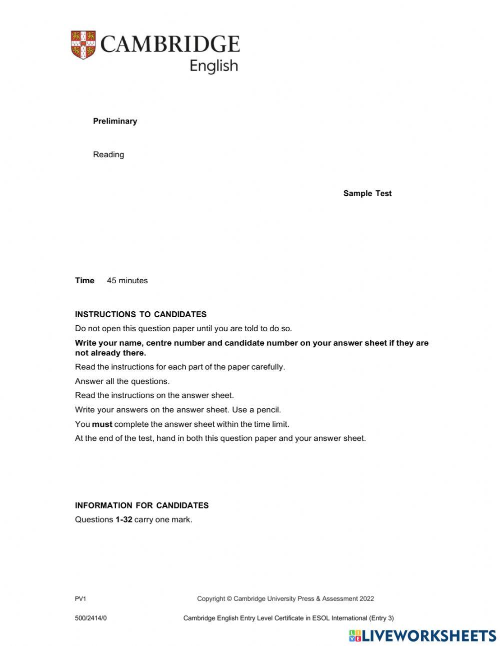 B1-Preliminary English Test-Sample Reading Q1-Q20