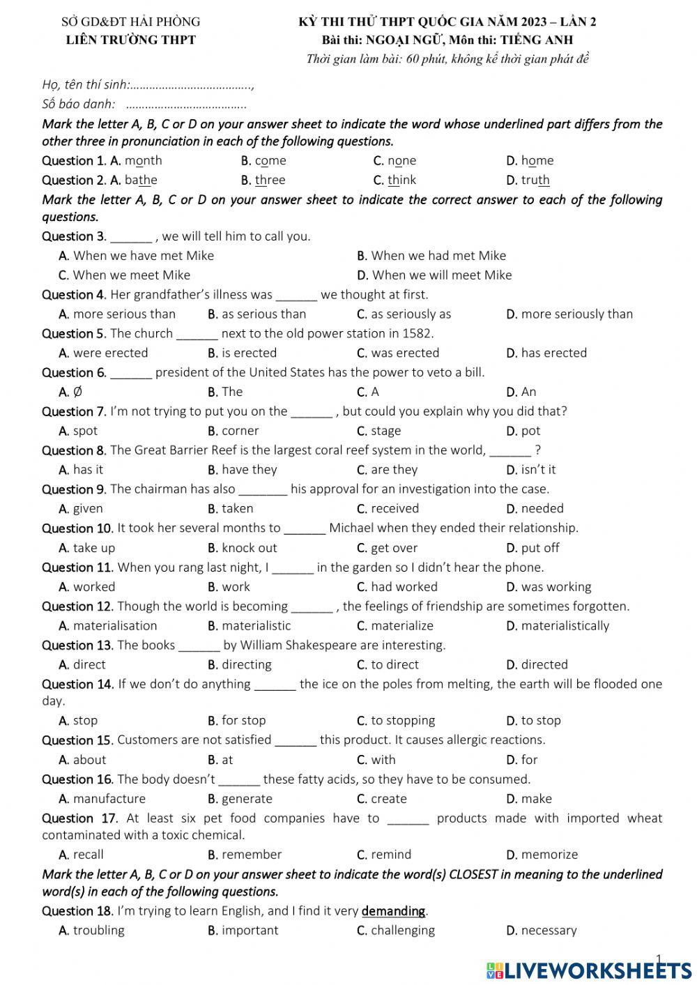 Đề liên trường hải phòng