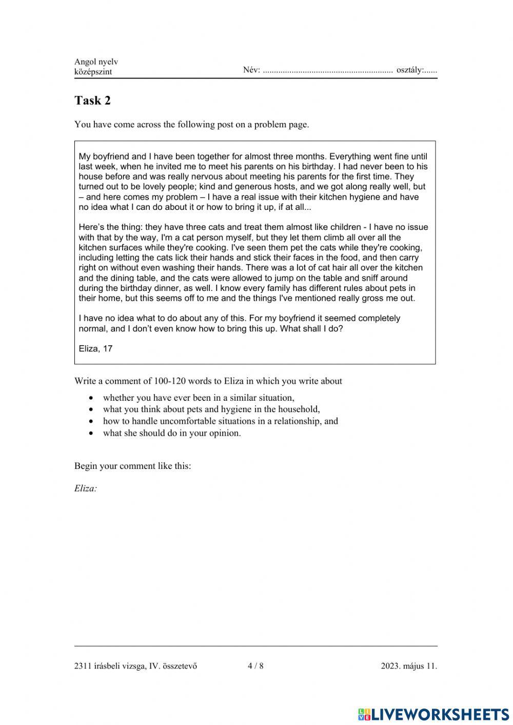 Angol középszintű érettségi Írás 2 - 2023 május