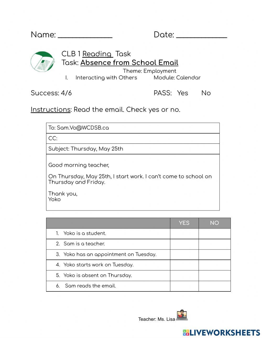 CLB1: Writing Task: Email to Teacher 