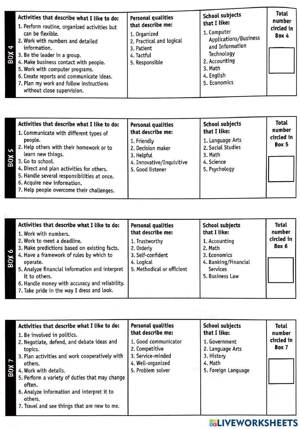 Career cluster interest survey online exercise for live worksheets