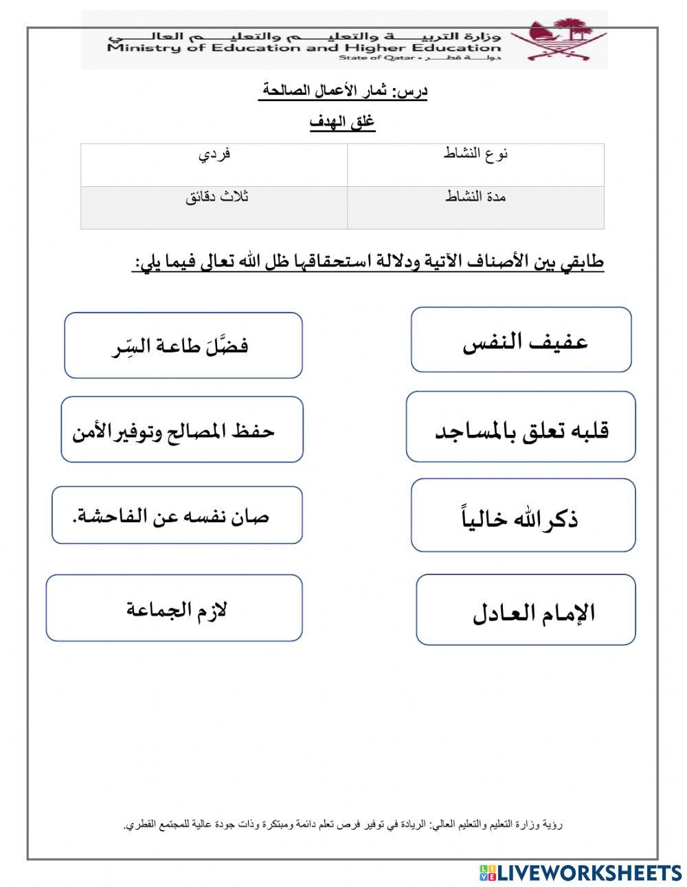 غلق الهدف الأول لدرس ثمار الأعمال الصالحة