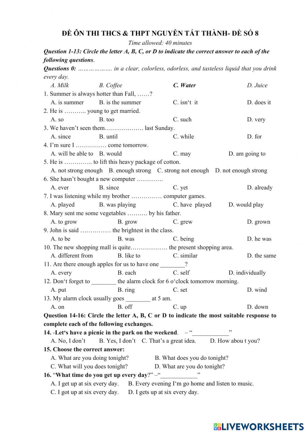 Luyện vào 6 Trường Nguyễn Tất Thành Test 8