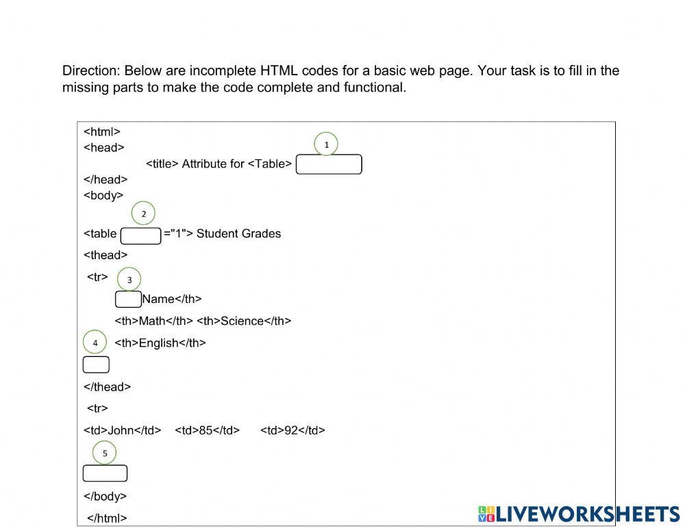 html table2 online exercise for | Live Worksheets
