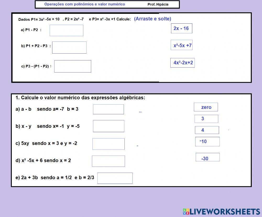 Adição de polinômios e valor numérico expressão algébrica