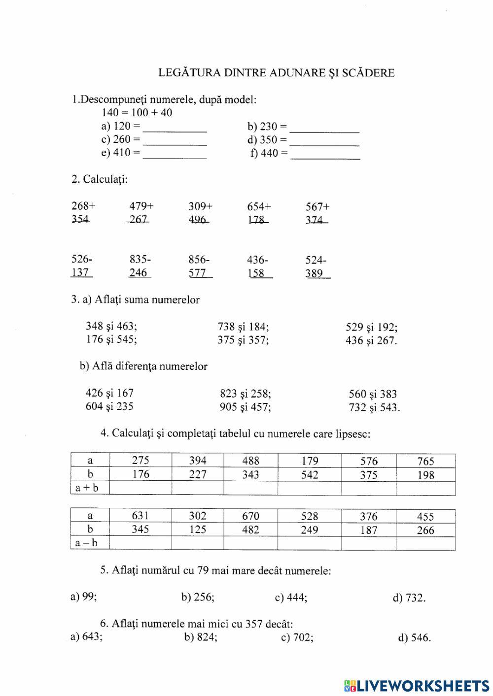 Legătura dintre adunare şi scădere