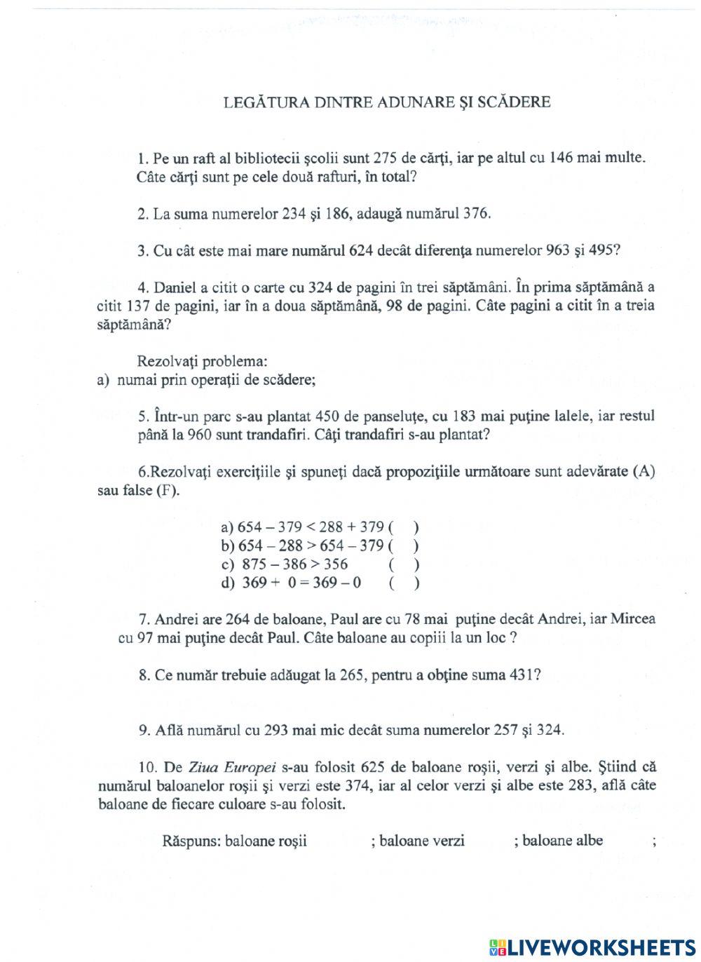 Legătura dintre adunare şi scădere