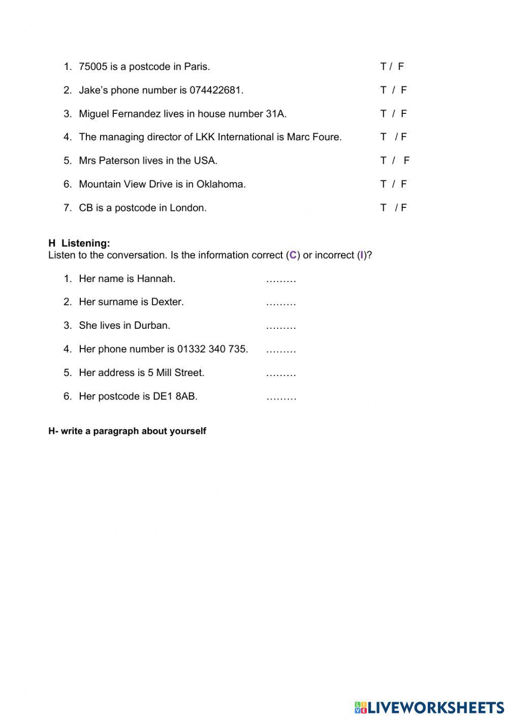 Test unit 1- Global Beginner worksheet | Live Worksheets