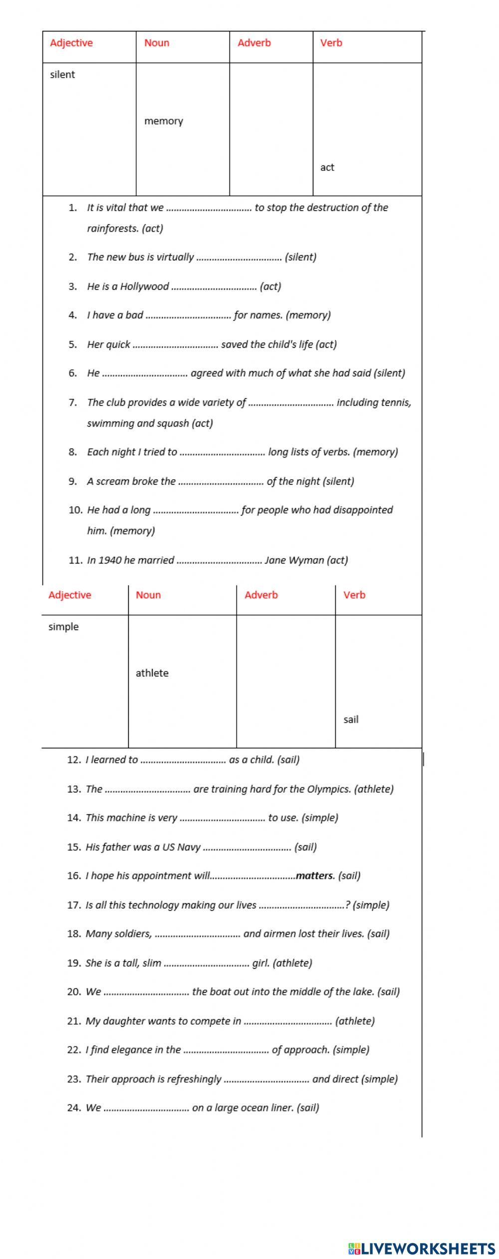 word form online exercise for Live Worksheets
