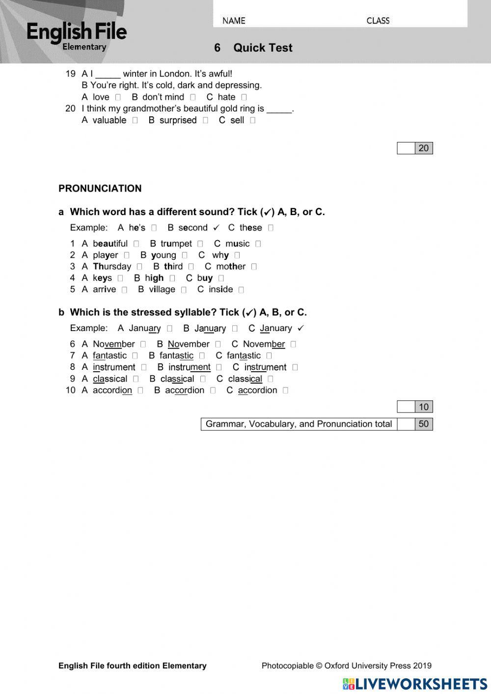 English File Elementary Quick Test 6