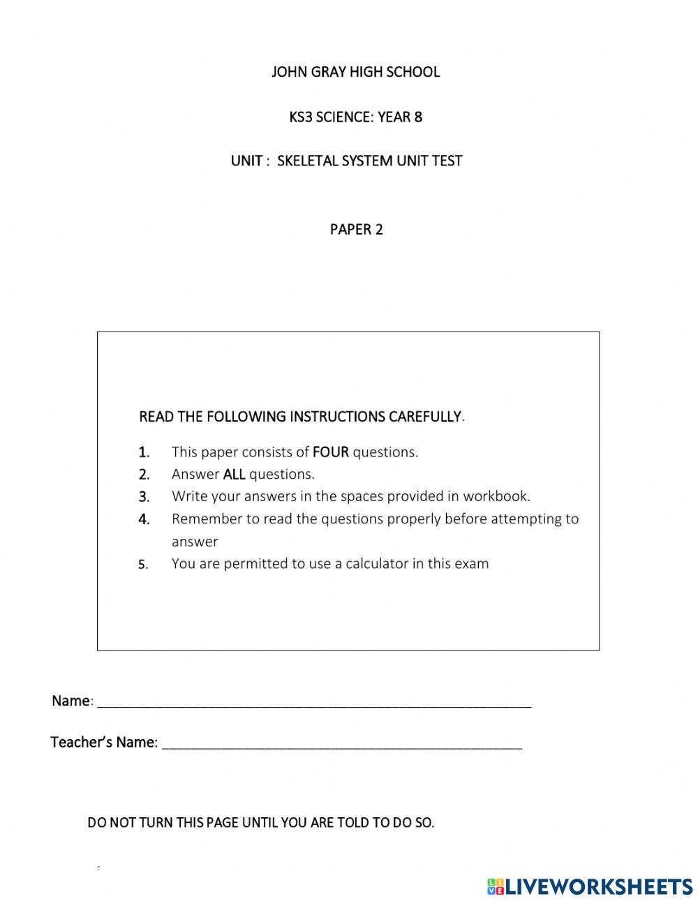 Year 8 Skeletal System Test