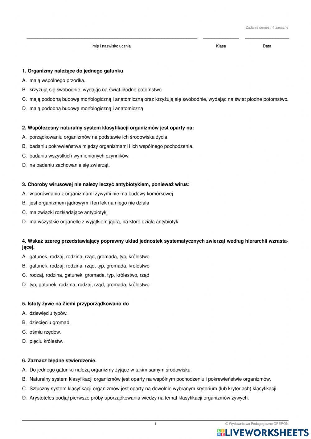 Egzamin zerowy semestr 4 biologia