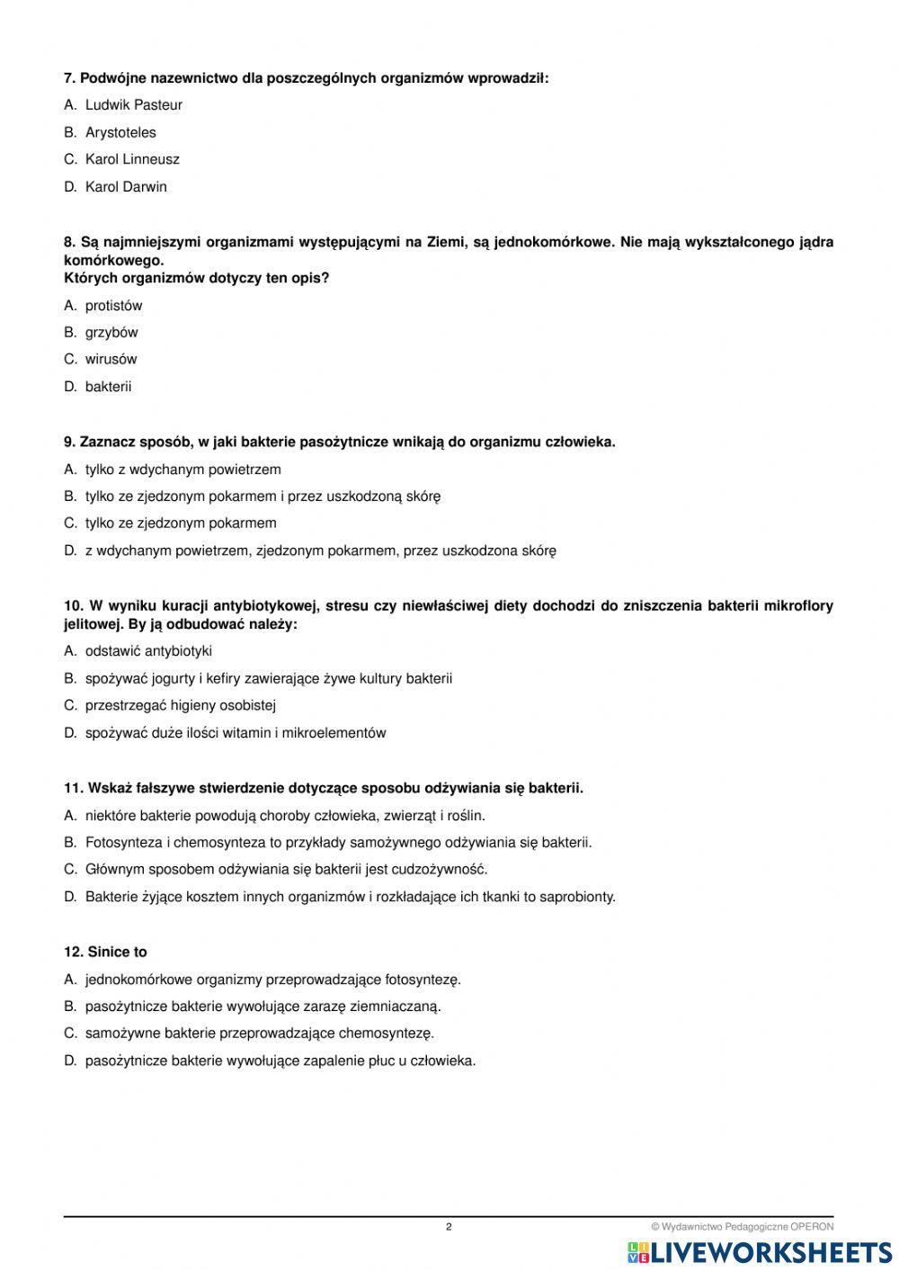 Egzamin zerowy semestr 4 biologia