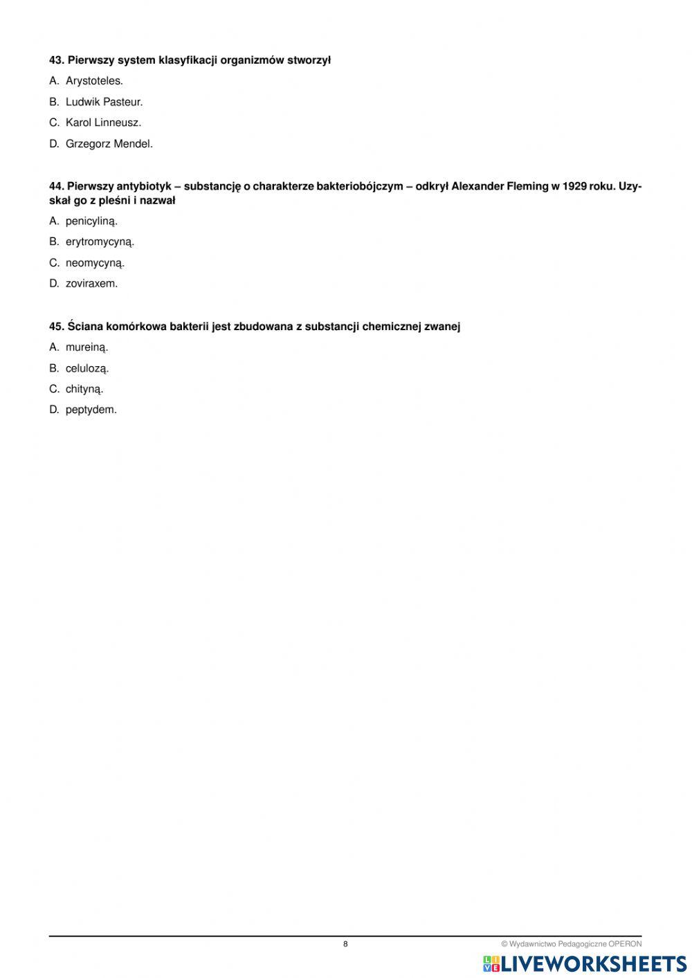 Egzamin zerowy semestr 4 biologia