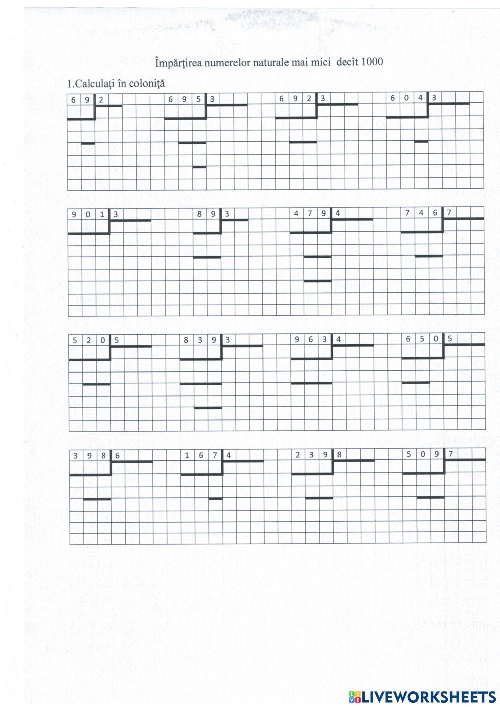 Împărţirea numerelor naturale mai mici decît 1000