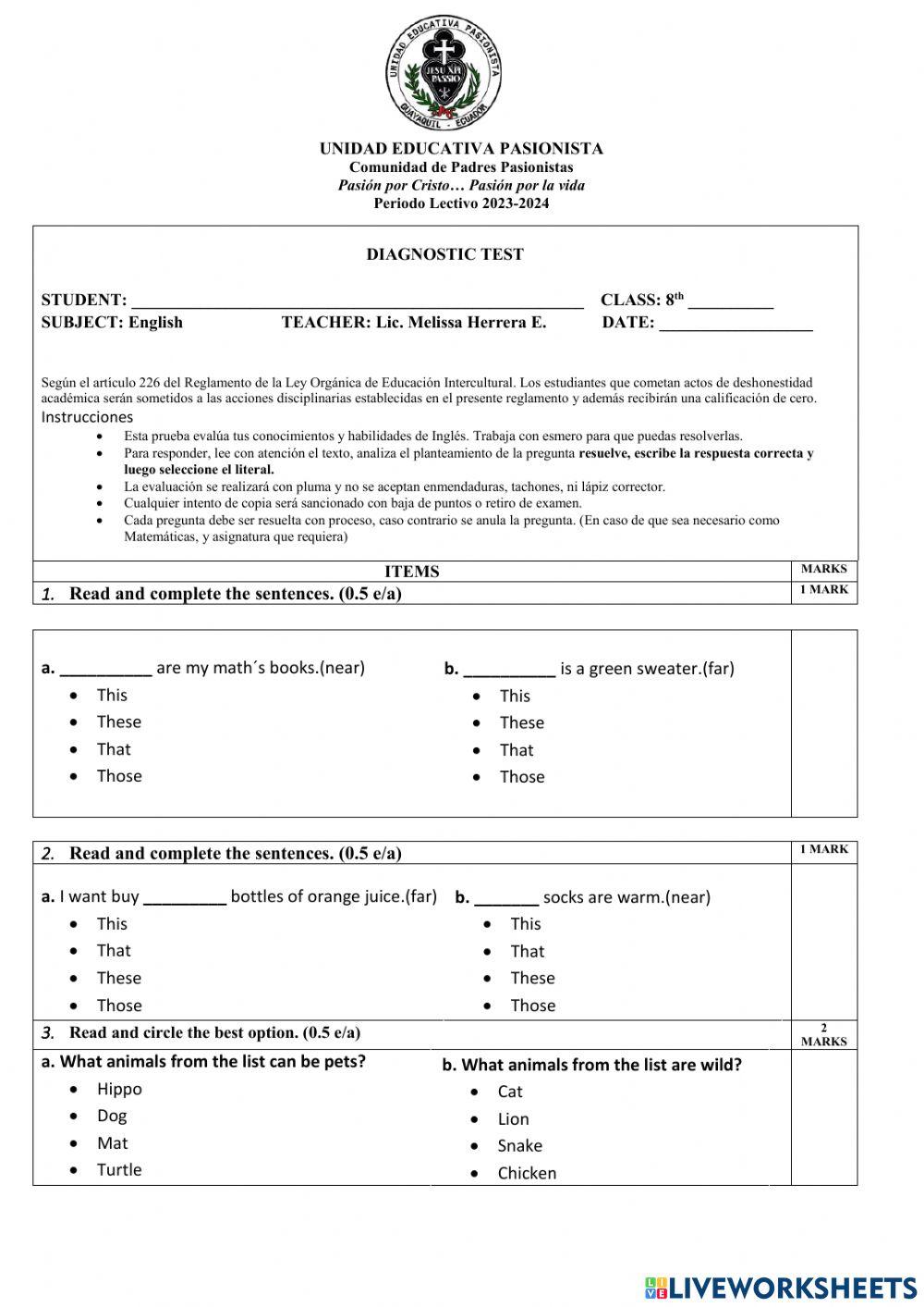 DIAGNOSTIC TEST FOR 8TH GRADE 