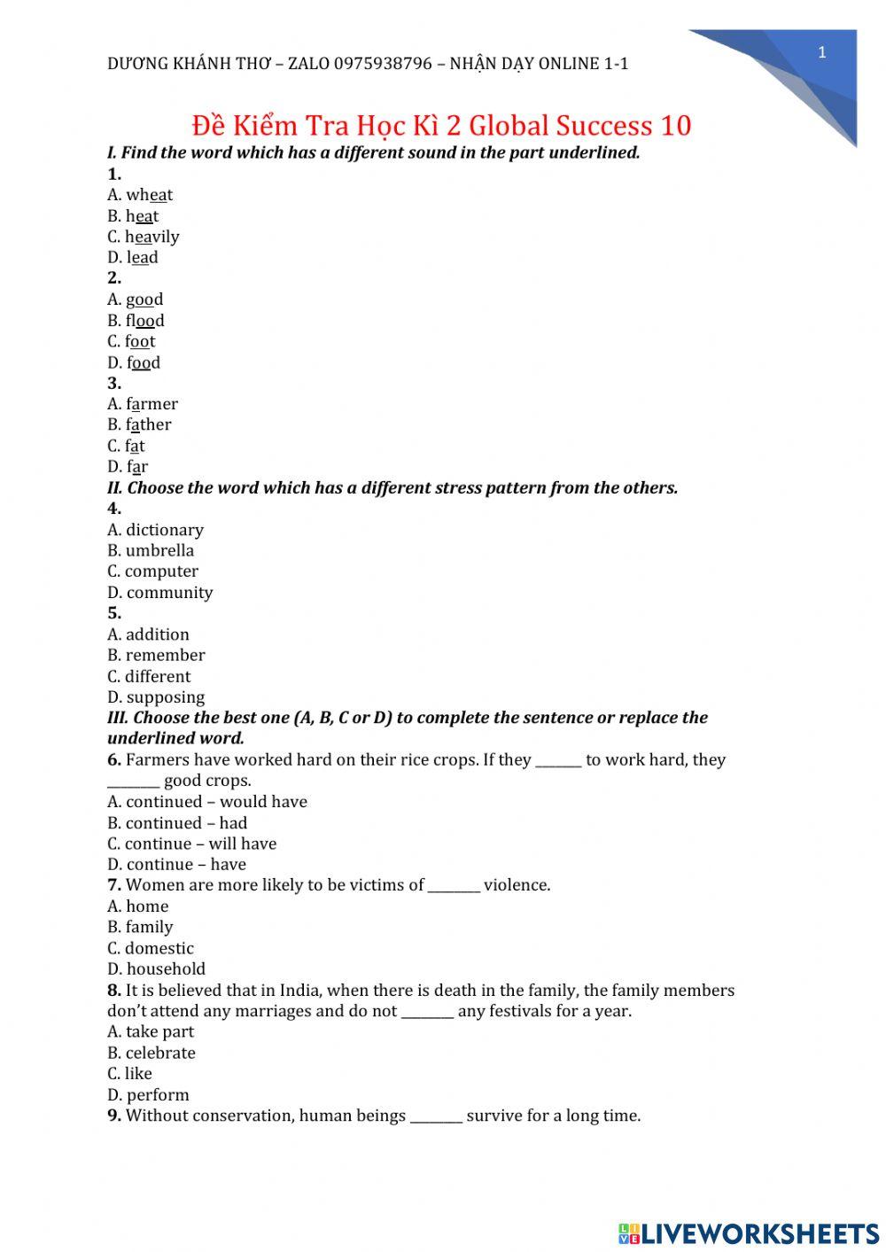 Đề thi cuối kỳ II tiếng anh 10 số 3