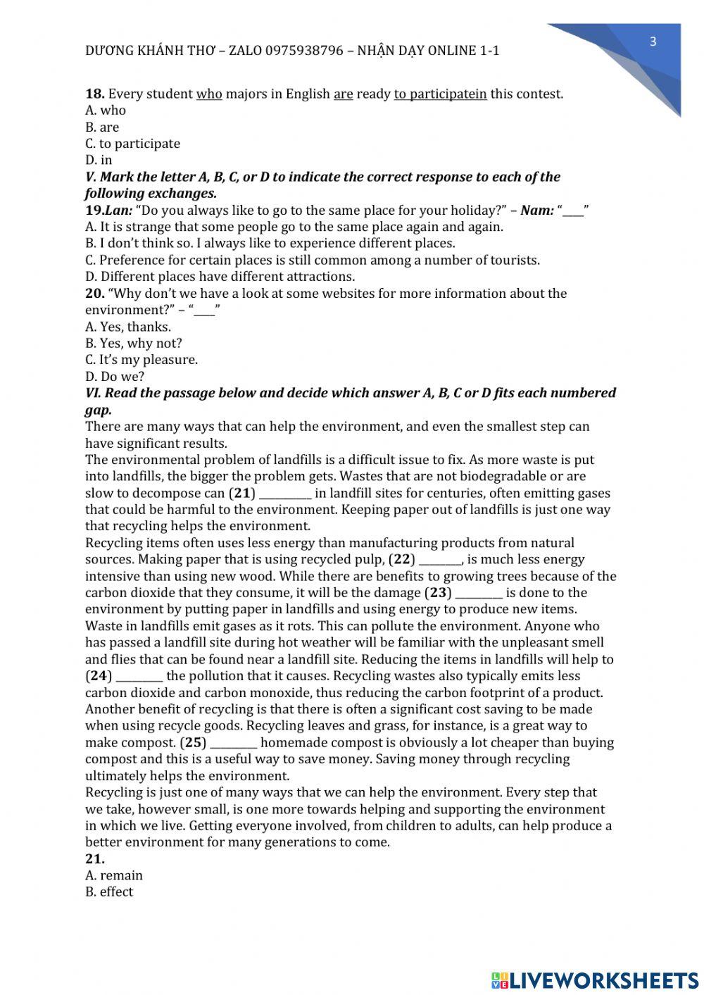 Đề thi cuối kỳ II tiếng anh 10 số 3