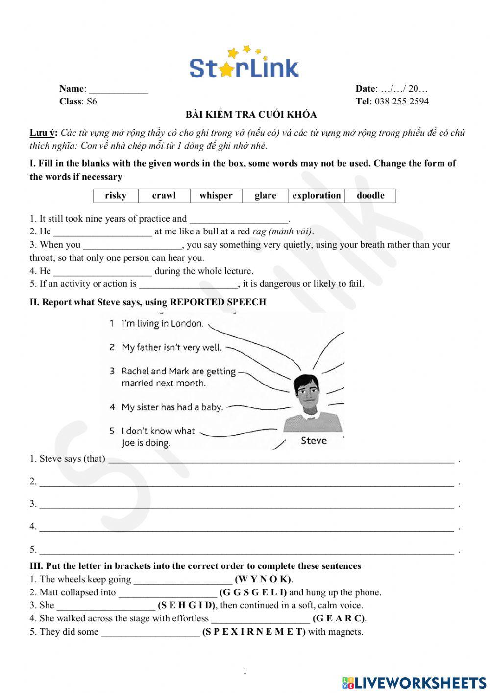 Foreign Teacher-S6-WEEK 38-BÀI KIỂM TRA CUỐI KHÓA