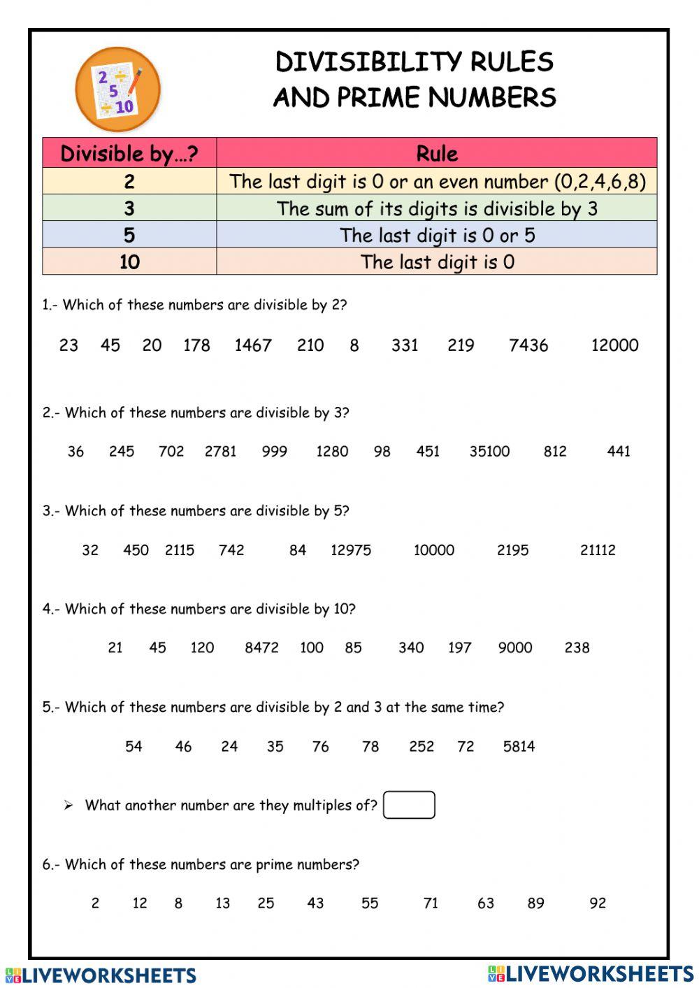 Divisibility rule 2020 Kavita Aul Live Worksheets