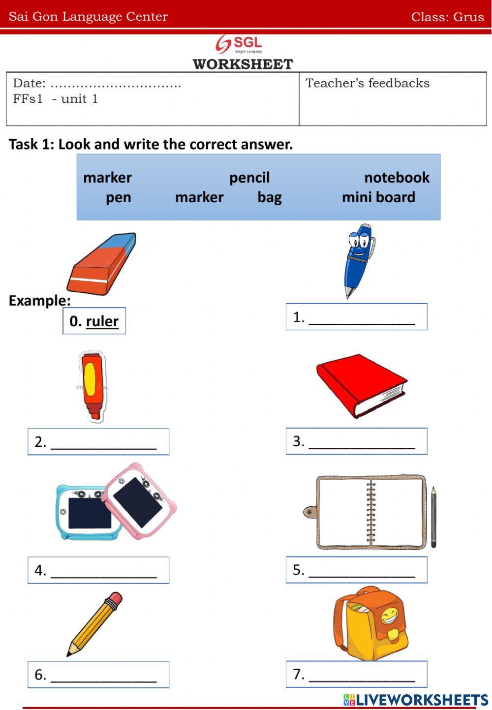 Vocabulary about school things