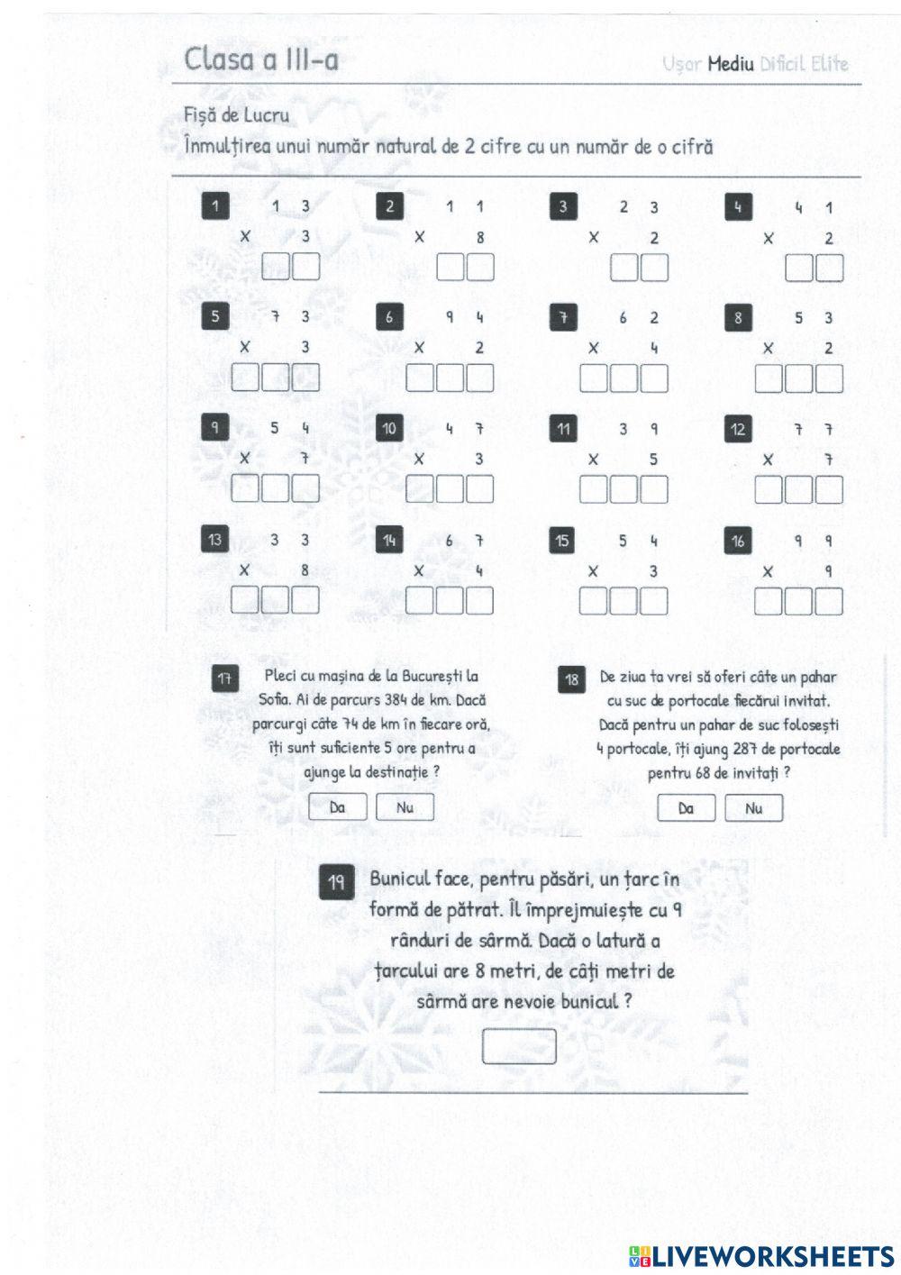 Înmulţirea unui număr de două cifre cu un număr de o cifră