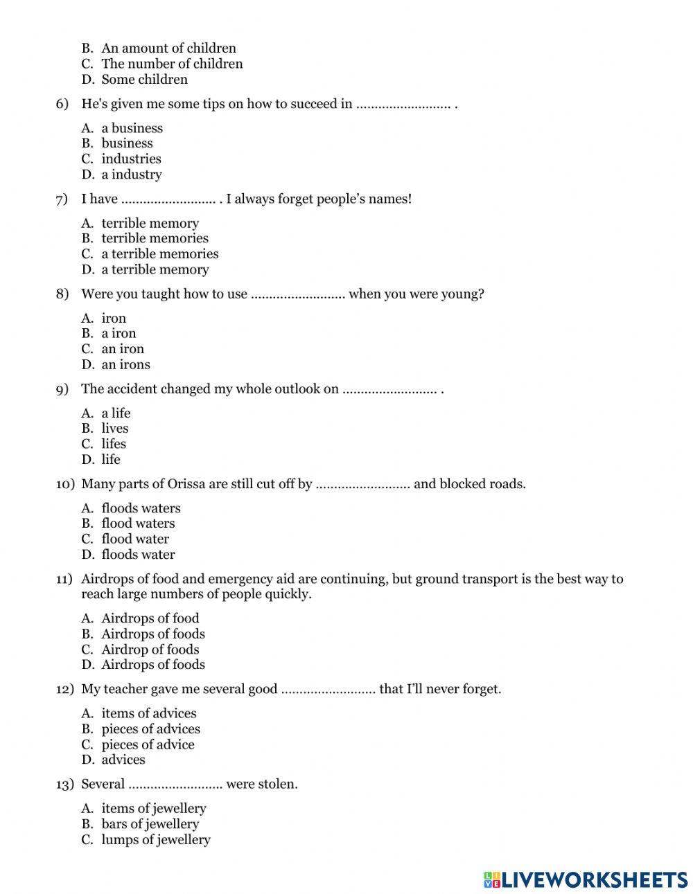 Quiz 7 Countable Nouns and Uncountable Nouns