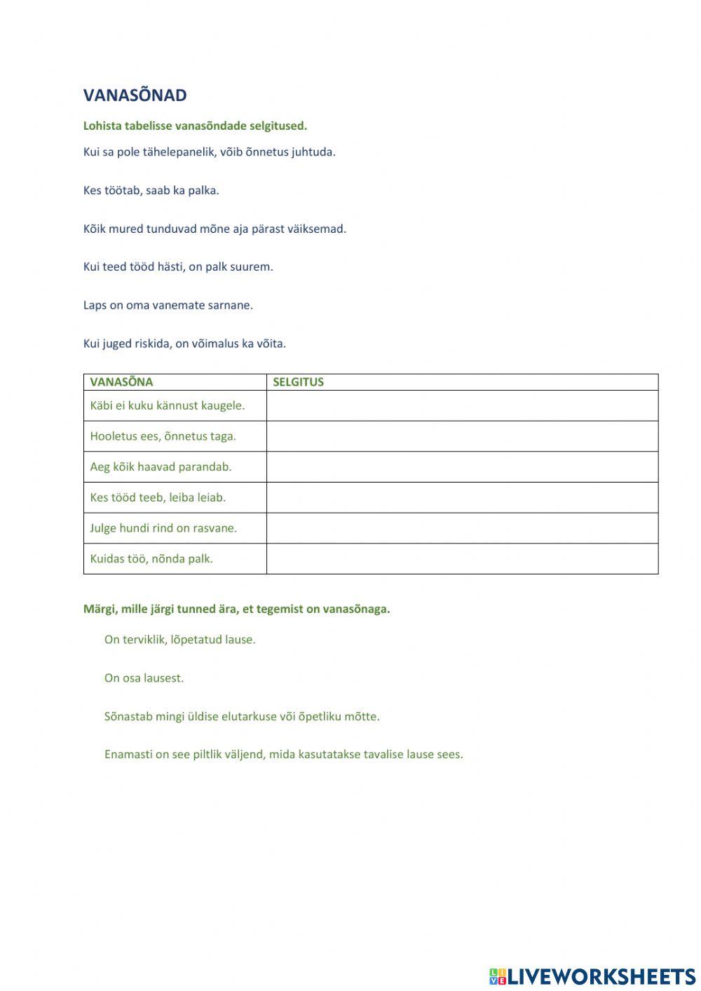 Vanasõnad, 4. klass