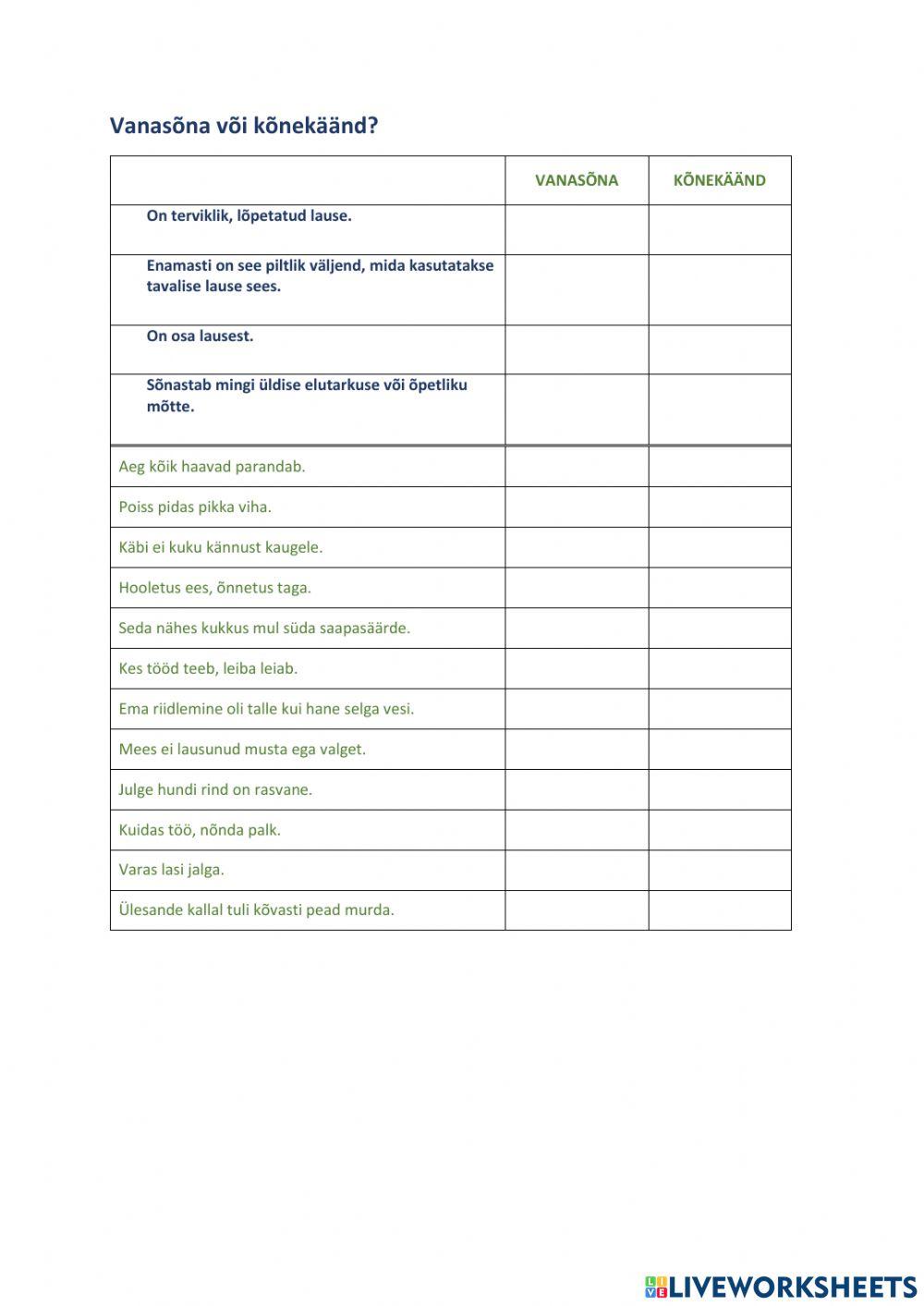 Vanasõna või kõnekäänd? 4. klass