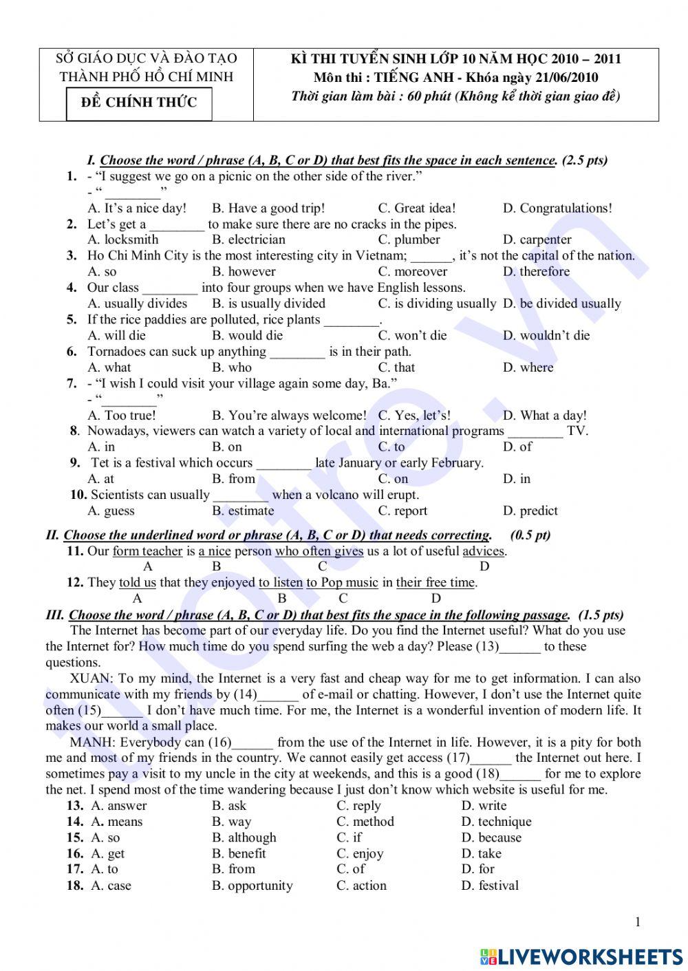 E9. Tuyển sinh 10 TP HCM 2010 - 2011