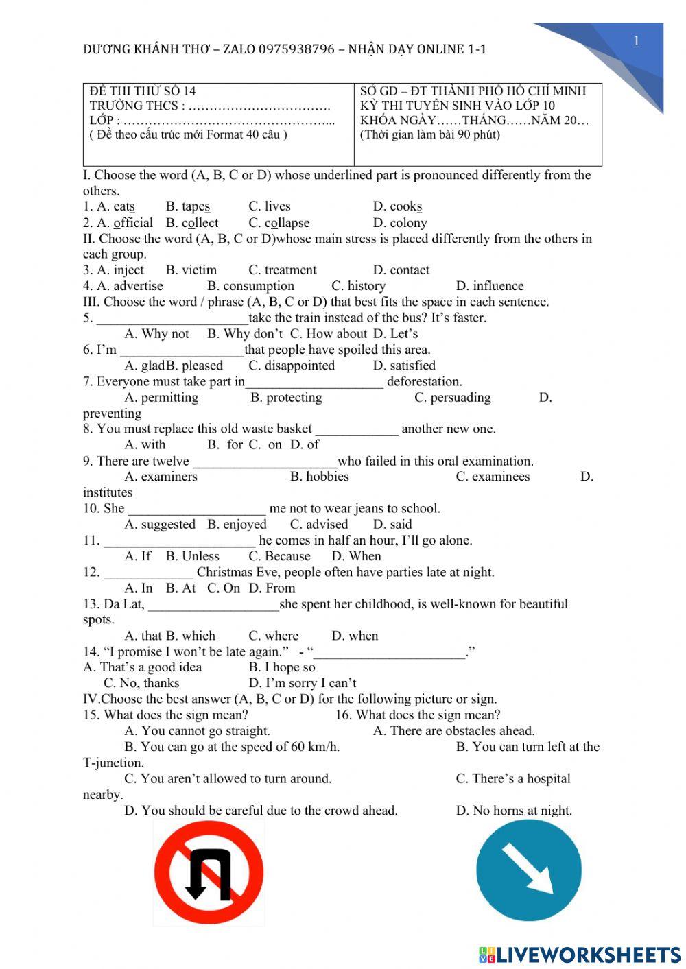 Đề thi thử vào lớp 10 số 14