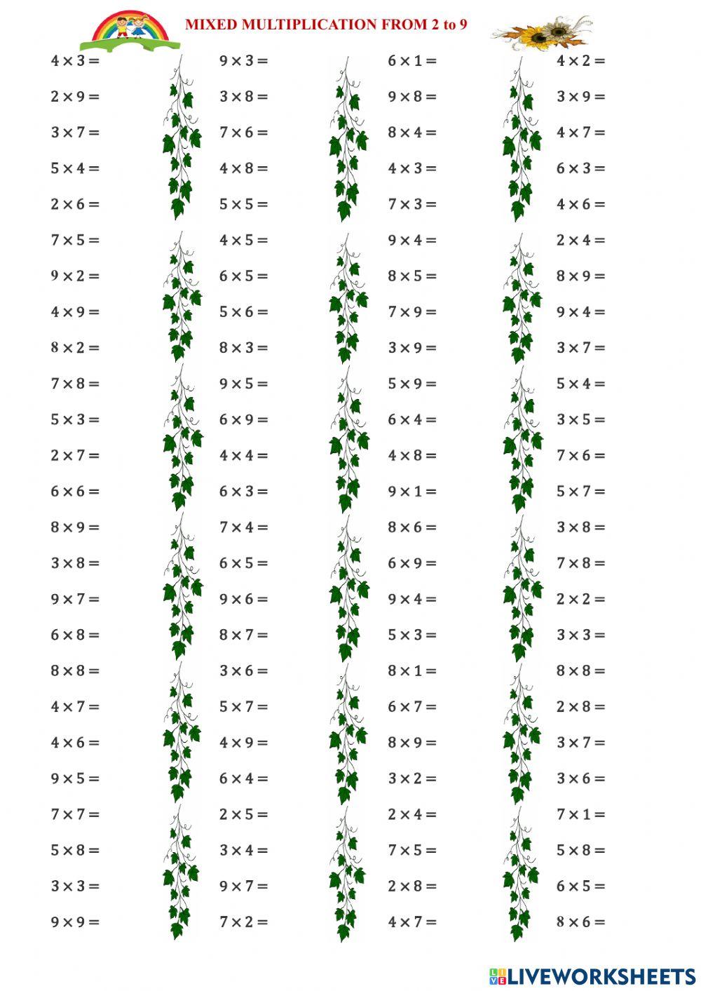 Multiplication test - from 2 to 9