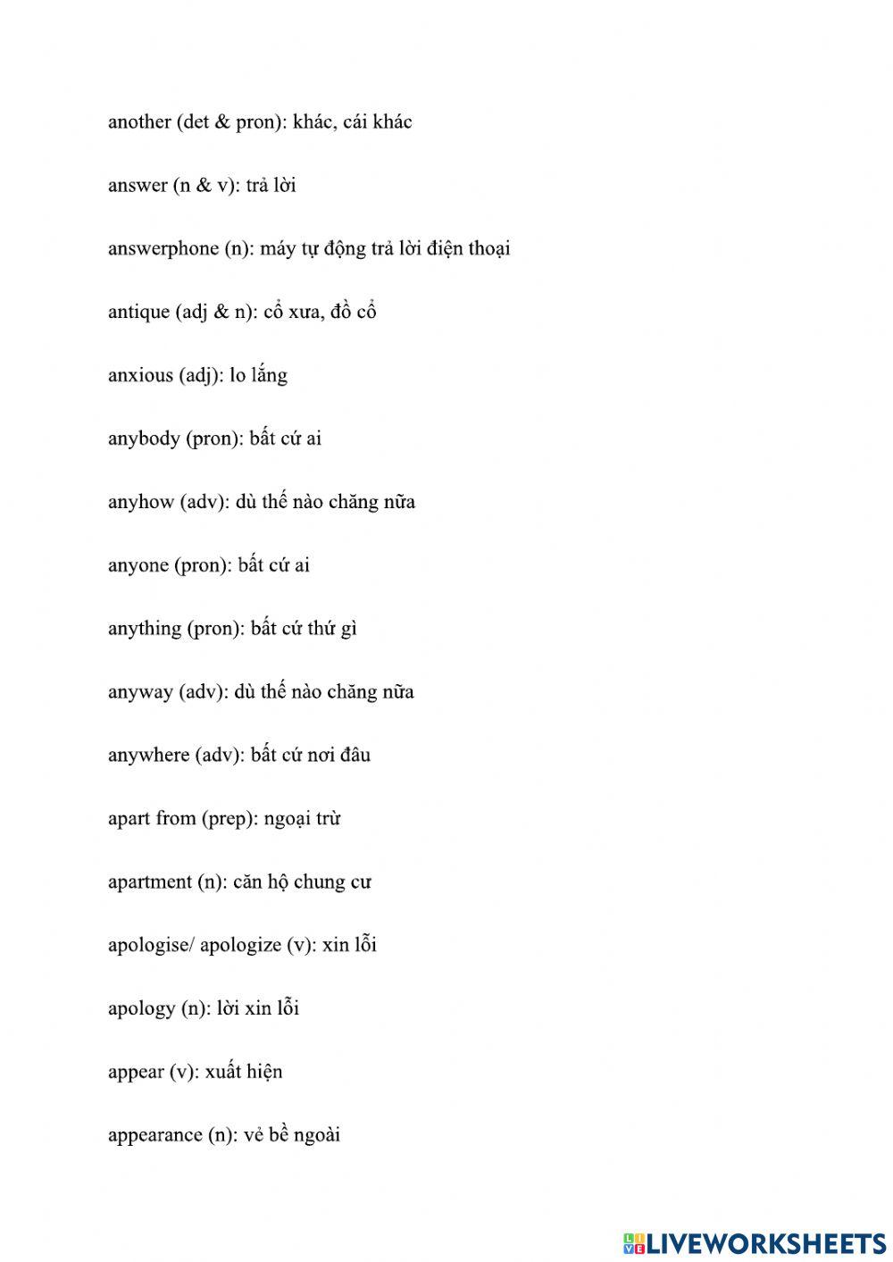 Vocabulary 2 - letter a