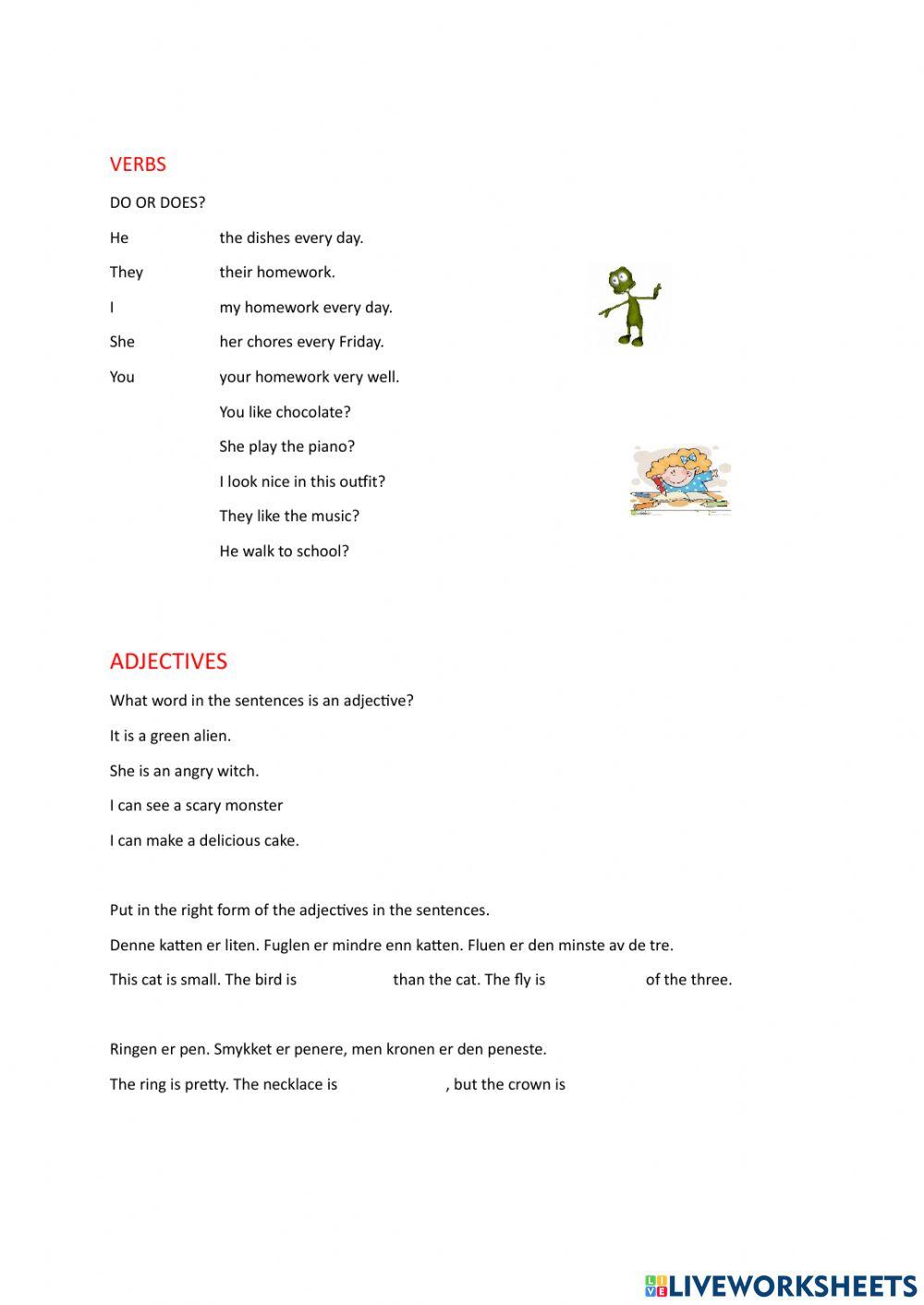 Nouns, verbs and adjectives