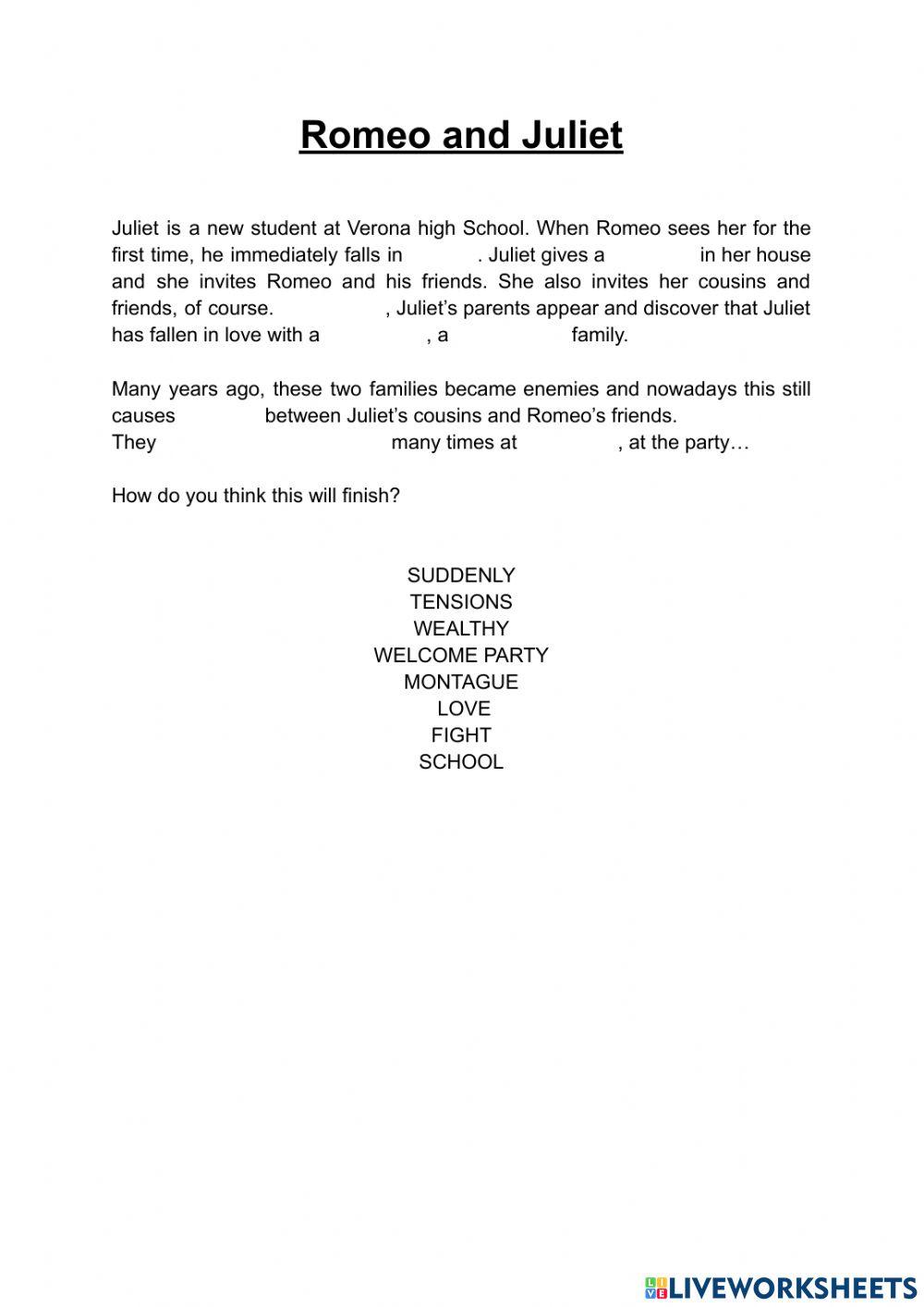 Romeo and Juliet Fill in the gaps worksheet Live Worksheets