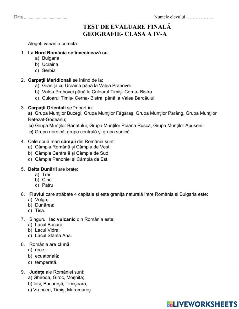Test de evaluare finală Geografie clasa a IV-a