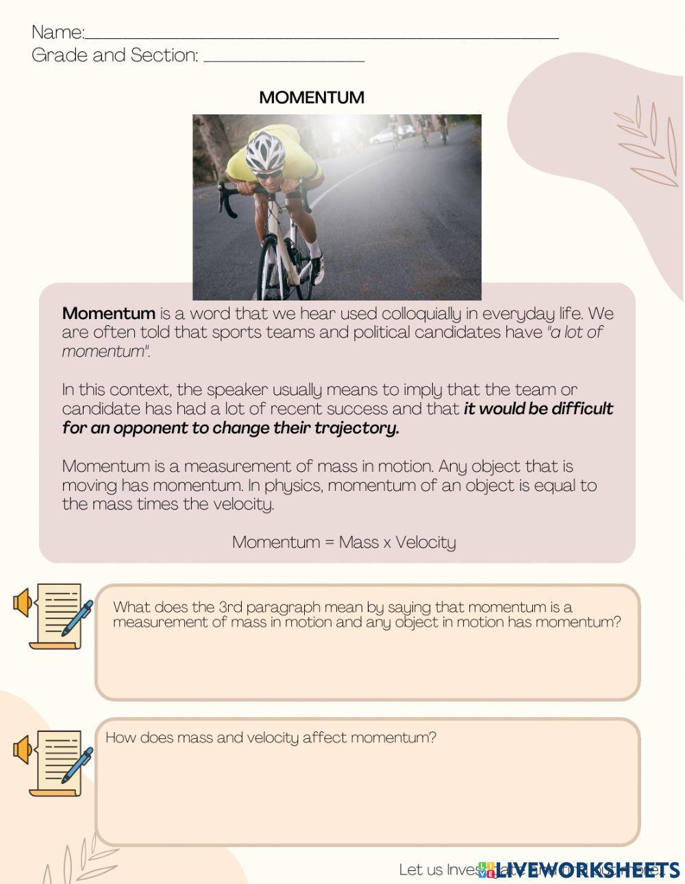 More About Momentum online exercise for | Live Worksheets