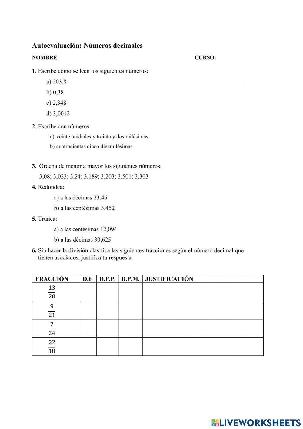 Autoevaluación de Decimales
