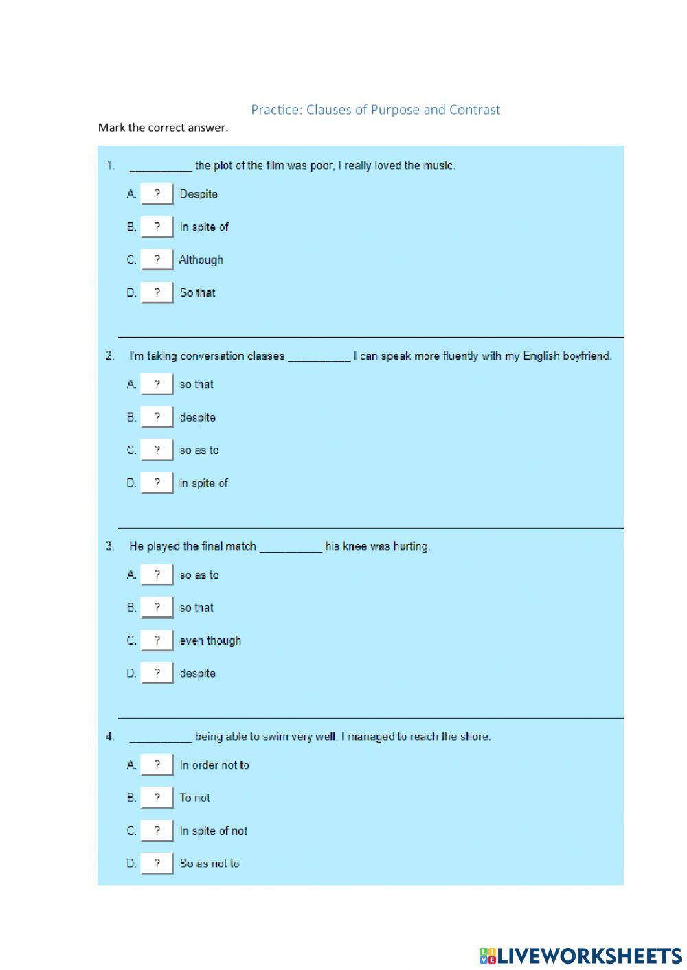 Clauses of purpose result reason