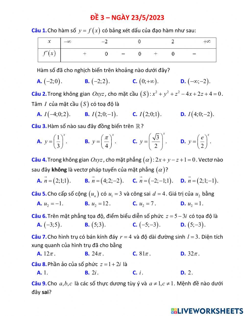 Đề Ôn tập TN THPT Toán 12 - Đề 3