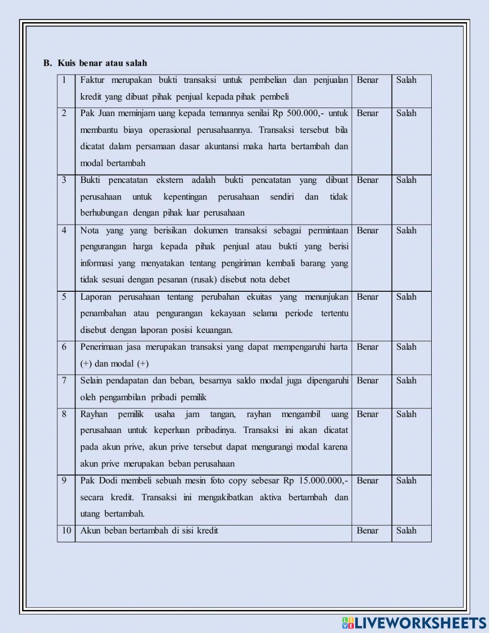 Soal Ulangan Persamaan Dasar Akuntansi