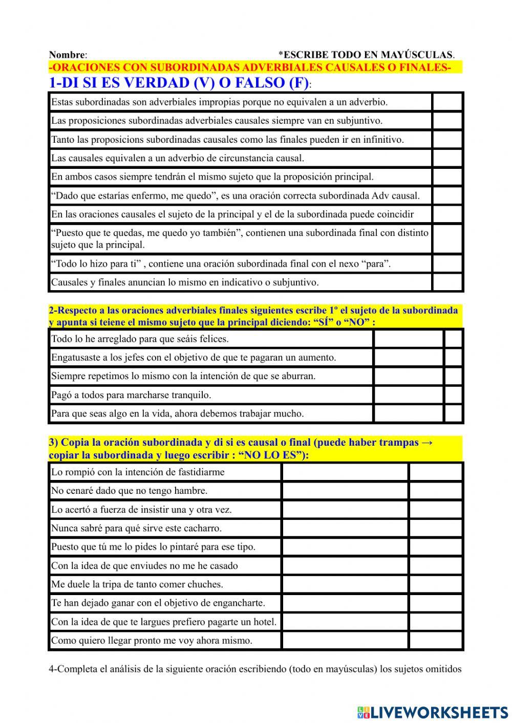 Actividades sobre adverbiales causales y finales