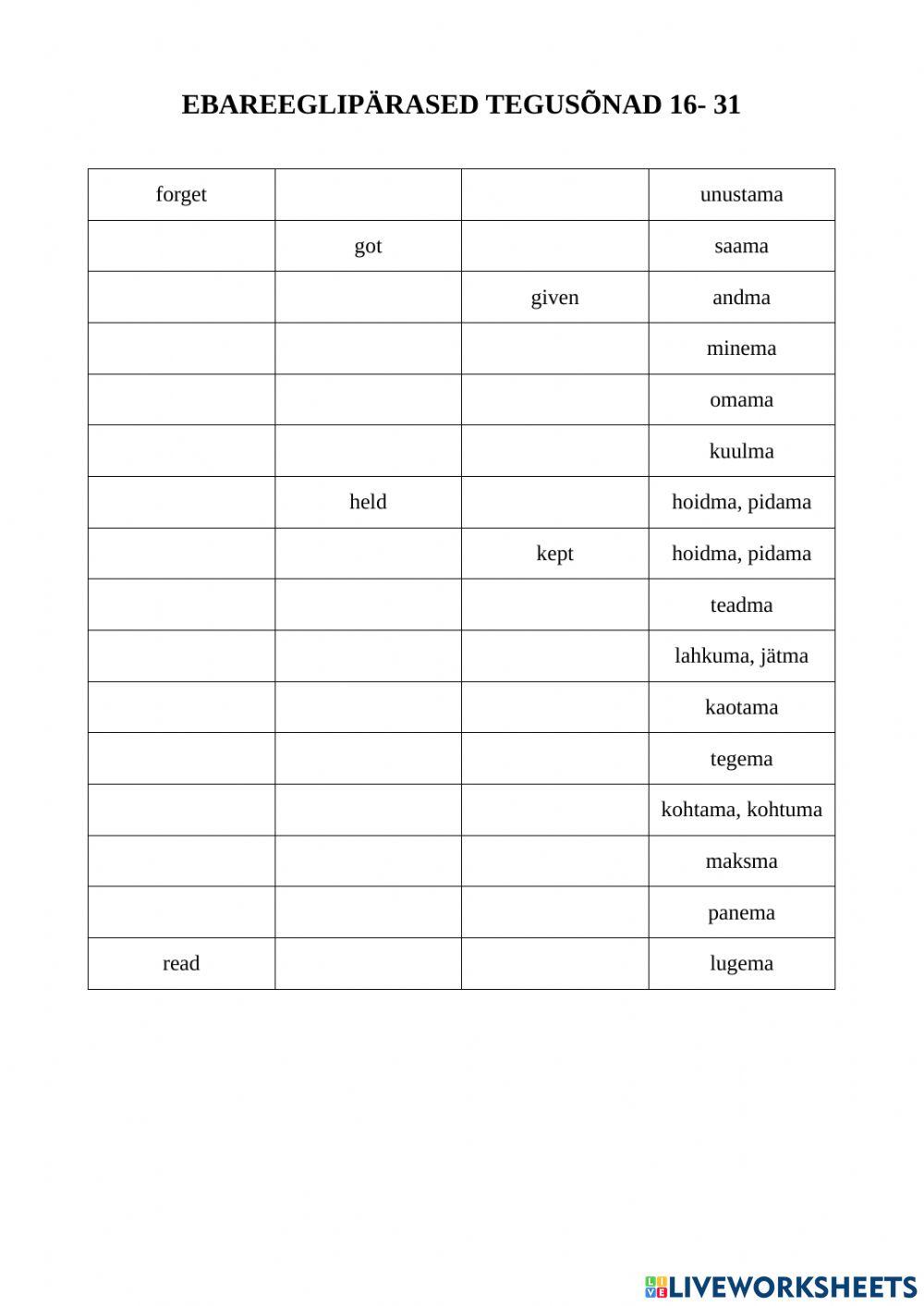 Ebareeglipärased tegusõnad 16-31