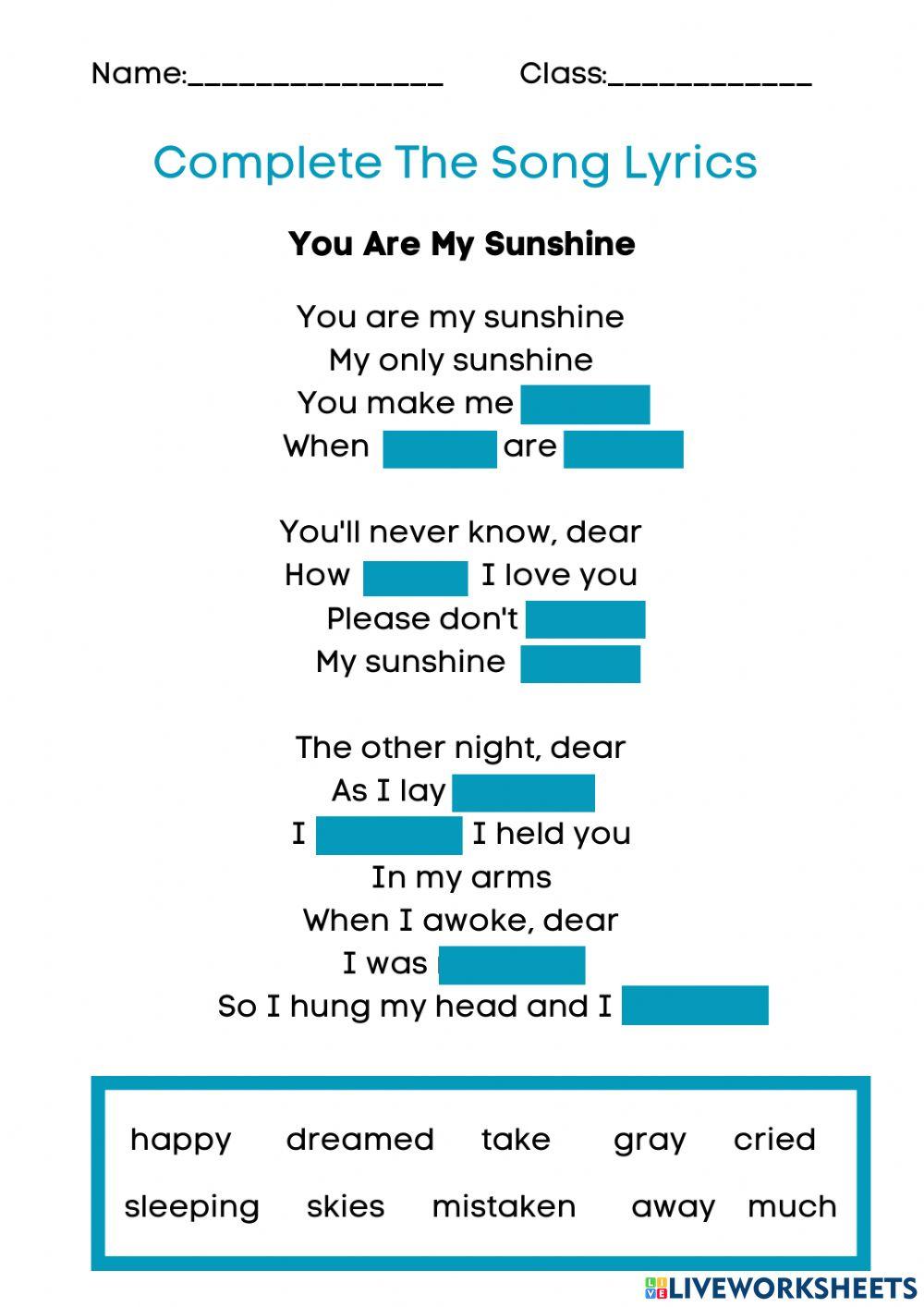 Cover me in sunshine lyrics worksheet
