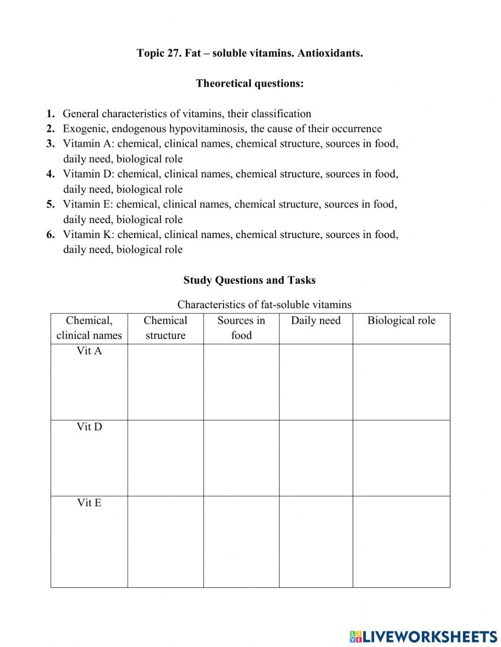 Topic 27. Fat – soluble vitamins. Antioxidants.
