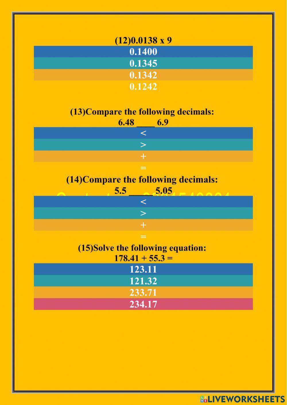 Decimals worksheet