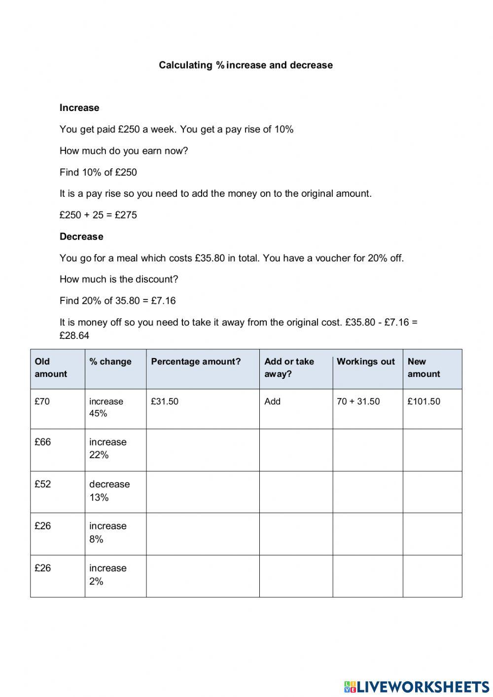 Increase and Decrease Percentages and Number as a Percentage of Another